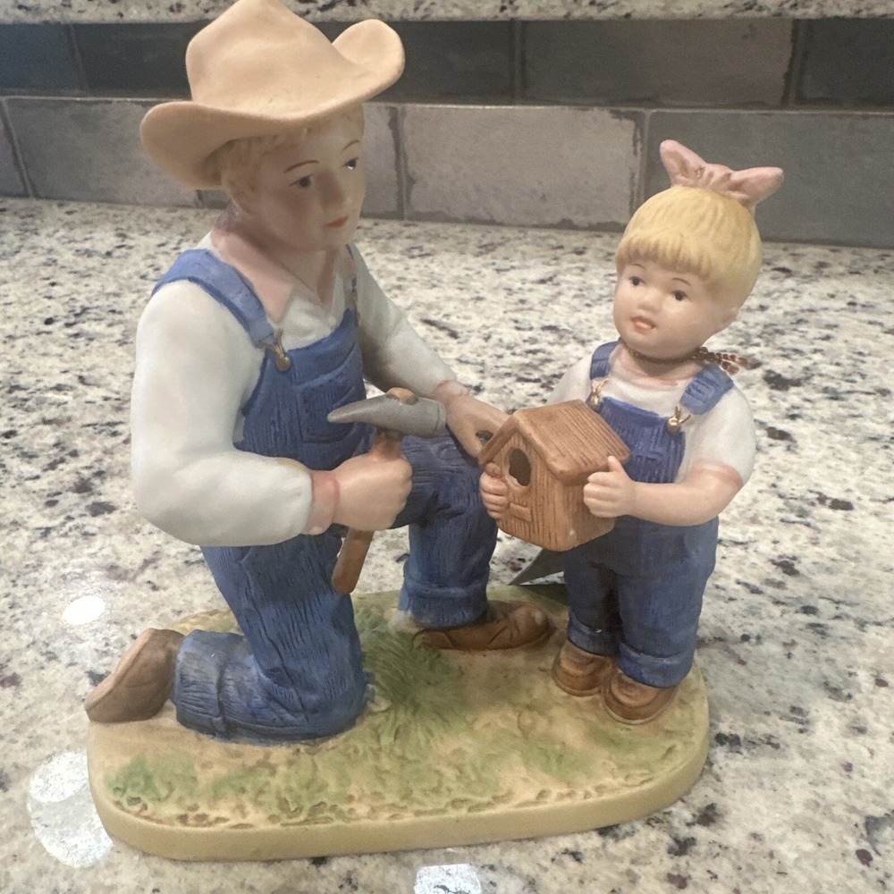 Denim Days‎ Homco 1985 #1515 Debbie and Her Dad Birdhouse Figurine W/tag